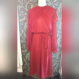 Vintage 70s Red Flutter Ruffle Dress Belted Flowy Midi Length SZ Lrg